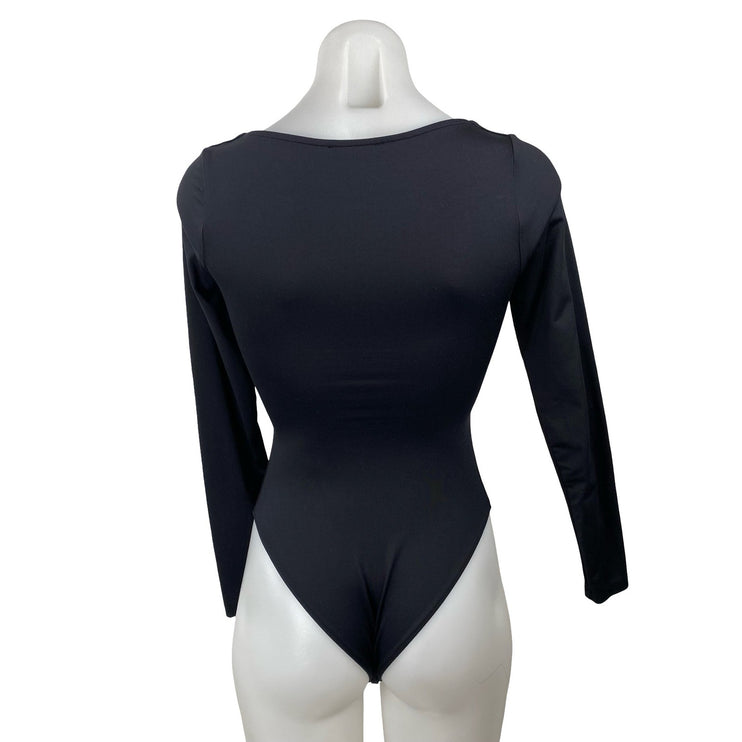Zara Women's Black Center Ruched Deep V Neck Long Sleeve Slim Bodysuit Top Sz S