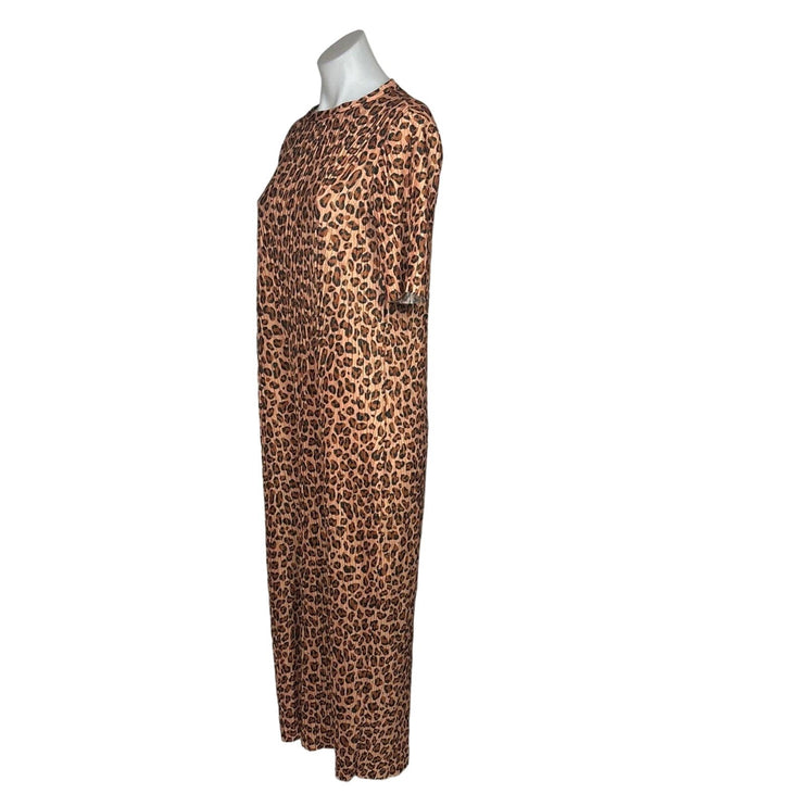 Zara Brown Tan Leopard Animal Print Plisse Short Sleeve Maxi T-Shirt Dress Sz S