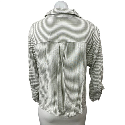 ZARA Green Striped Collared Long Sleeve Button Down Crop Shirt Blouse Top Size L