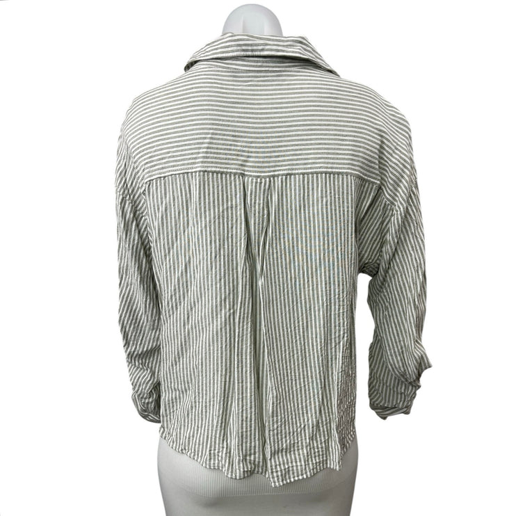 ZARA Green Striped Collared Long Sleeve Button Down Crop Shirt Blouse Top Size L