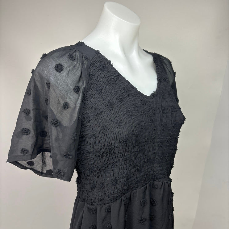 Zattcas NWT Black Mesh Flutter Ruffle Sleeve Popcorn Polka Dot Mini Dress Size M