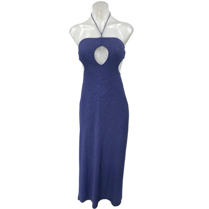 Women's Navy Blue Glitter Sleeveless Halter Cutout Tie Back Midi Dress Size XS