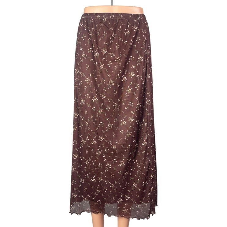 Women's Brown Floral Mesh Sheer Lettuce Hem High Rise Slim Maxi A-Line Skirt L
