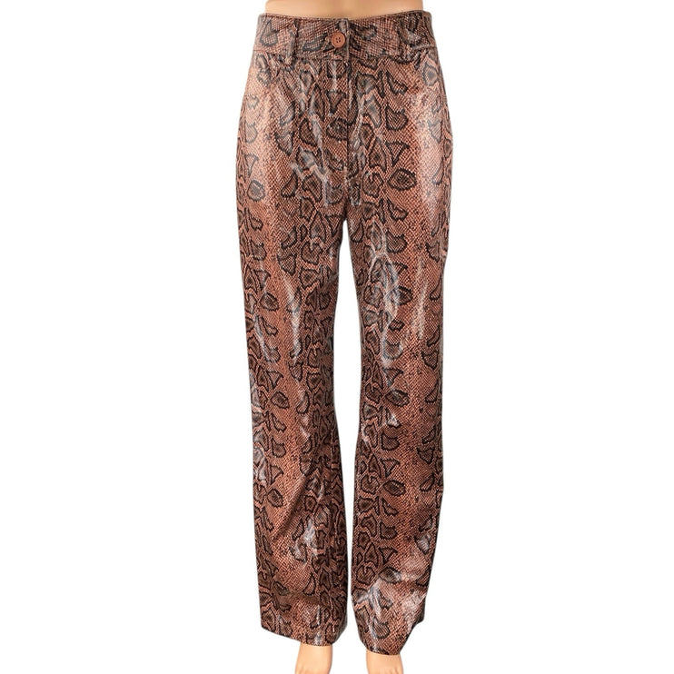 PrettyLittleThing Brown Snakeskin Leather Straight High Waisted Trousers Pants 4