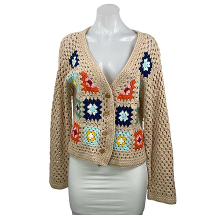 Aqua Beige Long Sleeves Open Knit Crochet Patchwork Cardigan Sweater Top Size M