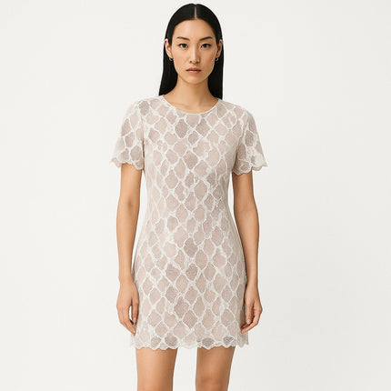 Reiss Anise Pink White Lace Short Sleeve Scalloped Mini Sheath Dress Size 8