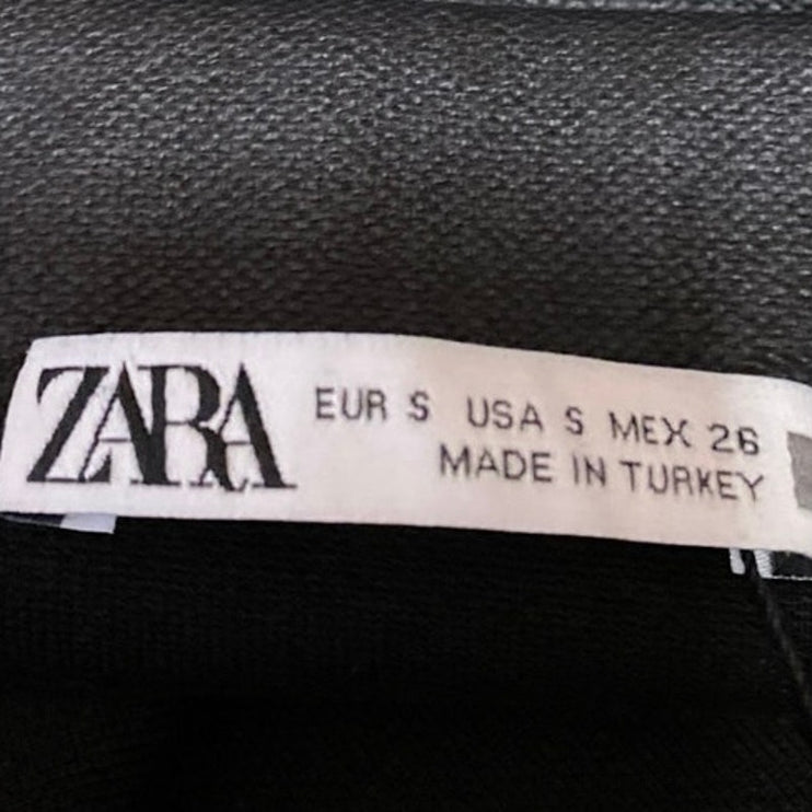 Zara Women's Black Metallic Faux Vegan Leather Mini Pencil Bodycon Skirt Size S