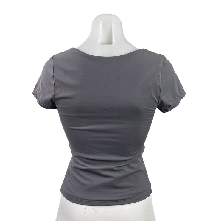 Qinsen Women's Dark Gray Short Sleeve Square Neck Stretch T Shirt Tee Top Size M