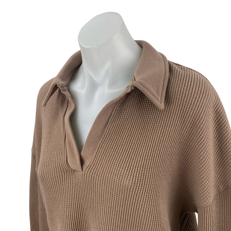 Abercrombie & Fitch Tan Waffle Knit Long Sleeve Polo Thermal Sweater Top Size M