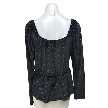 Aqua Black Velvet Velour Polka Dot Long Sleeve Tie Front Peplum Blouse Top Sz XL