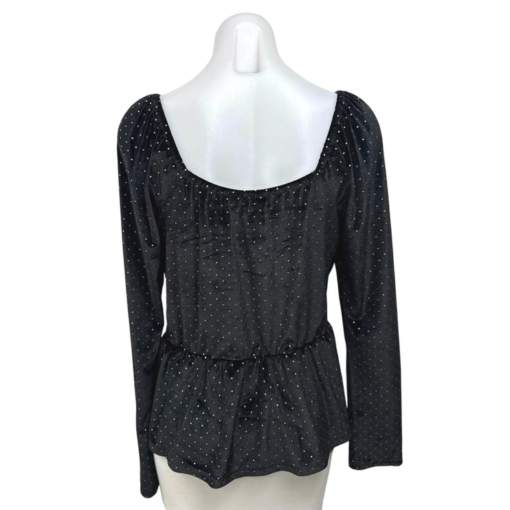 Aqua Black Velvet Velour Polka Dot Long Sleeve Tie Front Peplum Blouse Top Sz XL