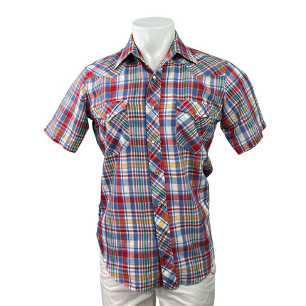 Wrangler Mens Red Blue Plaid Checkered Short Sleeve Button Down Shirt Top Sz M