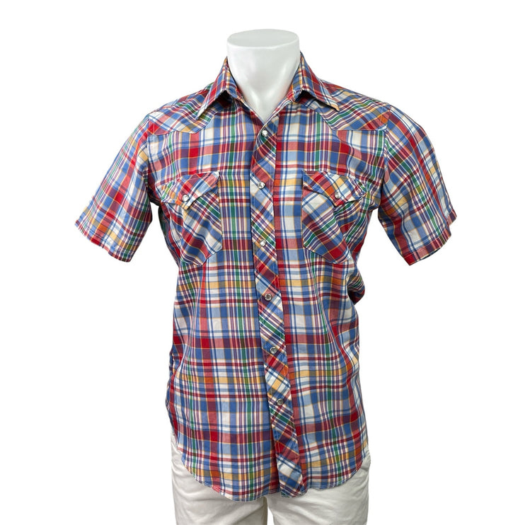 Wrangler Mens Red Blue Plaid Checkered Short Sleeve Button Down Shirt Top Sz M