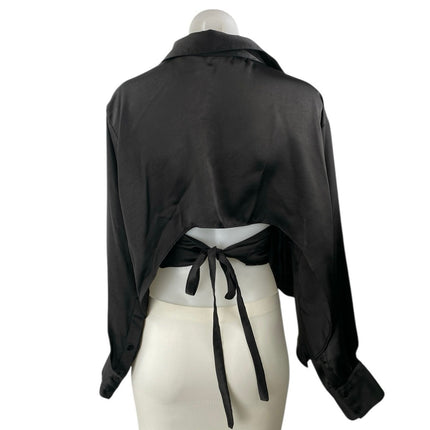Zara Women's Black Satin Tie Waist Long Sleeve Button Up Crop Shirt Blouse Top L