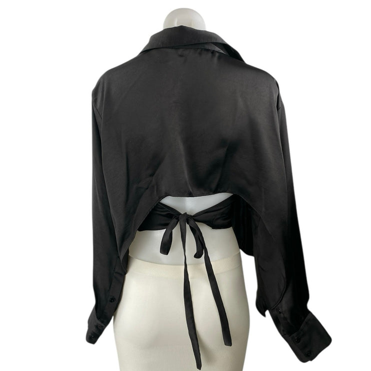 Zara Women's Black Satin Tie Waist Long Sleeve Button Up Crop Shirt Blouse Top L
