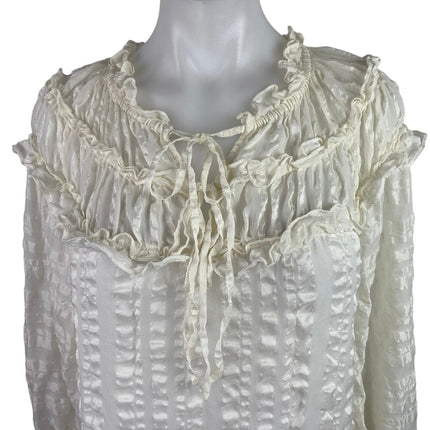 Rebecca Taylor 100% Silk White Striped Ruffle Long Sleeve Tie Neck Blouse Top 8