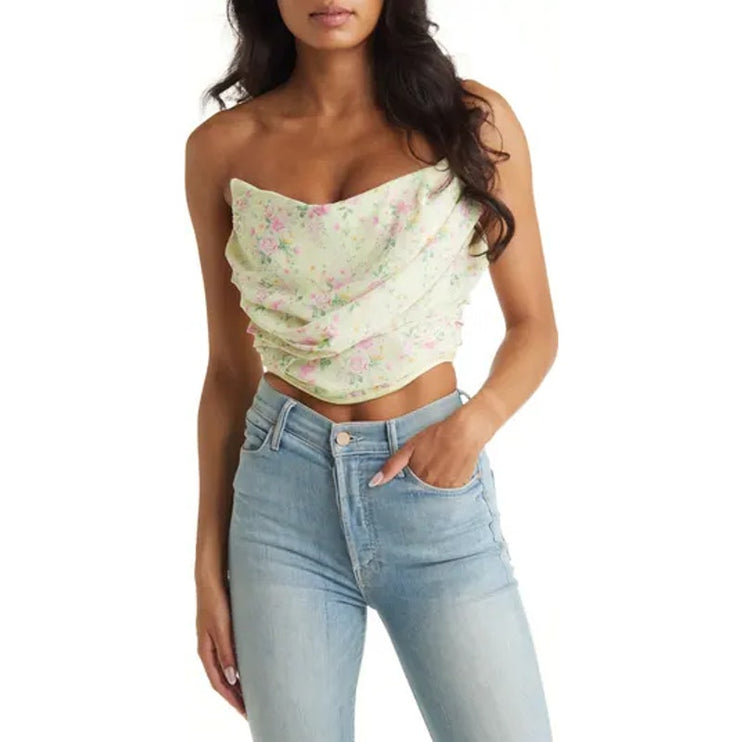 House of CB Vivienne Yellow Floral Strapless Drape Corset Bustier Crop Top XS