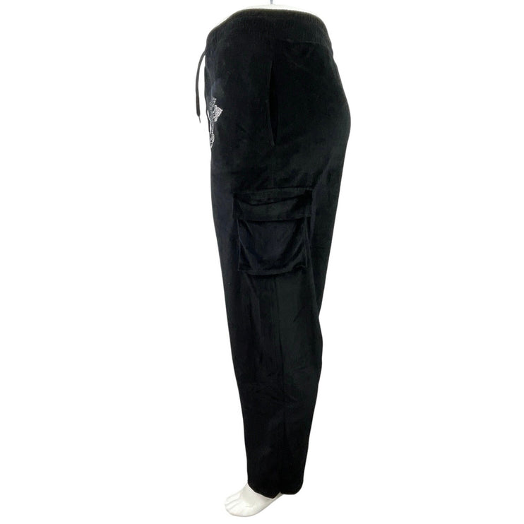 Fashion Nova velvet Velour Saint Rhinestone High Rise Cargo Trousers Pants Sz L