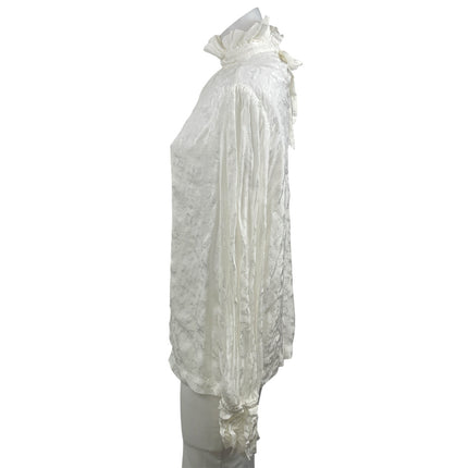 Topshop Women's White Jacquard Ruffle Mock Neck Long Sleeve Blouse Top Size 8