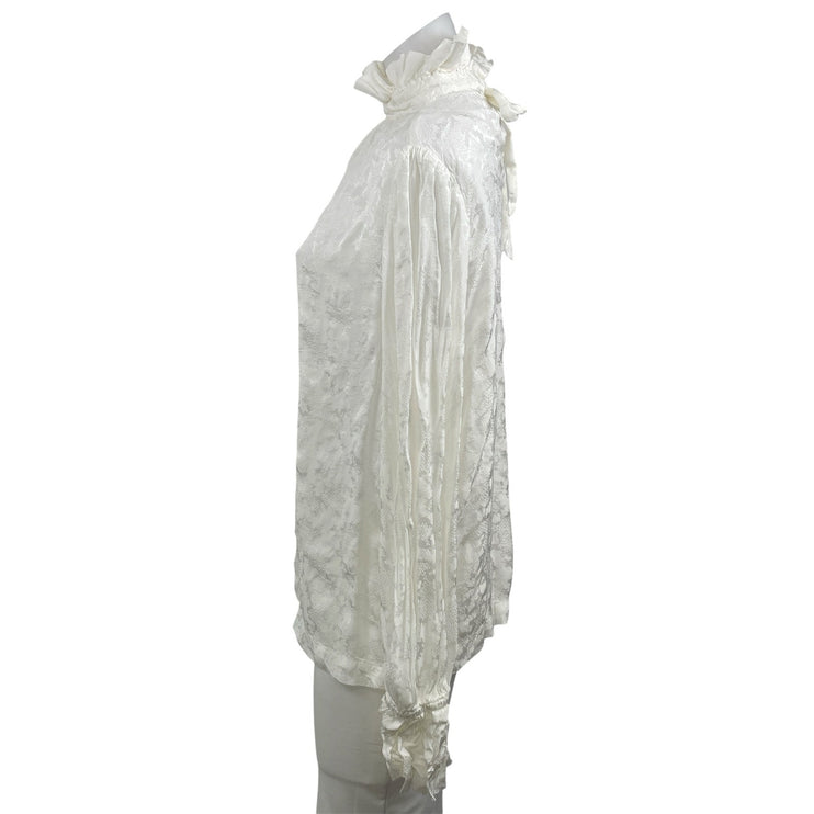 Topshop Women's White Jacquard Ruffle Mock Neck Long Sleeve Blouse Top Size 8