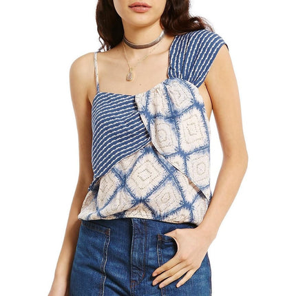 Free People Call On Me Blue Stripe Argyle Sleeveless Tank Blouse Crop Top Size S