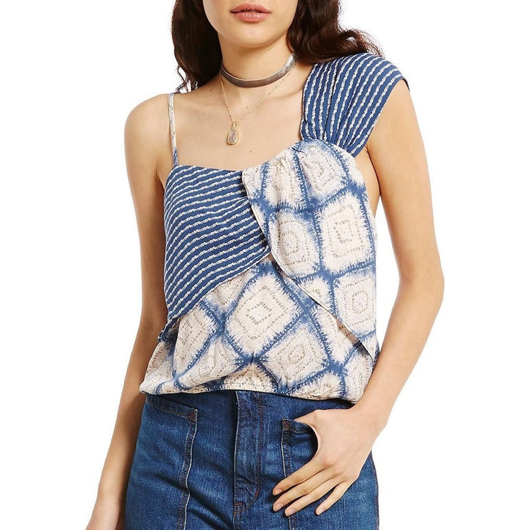 Free People Call On Me Blue Stripe Argyle Sleeveless Tank Blouse Crop Top Size S