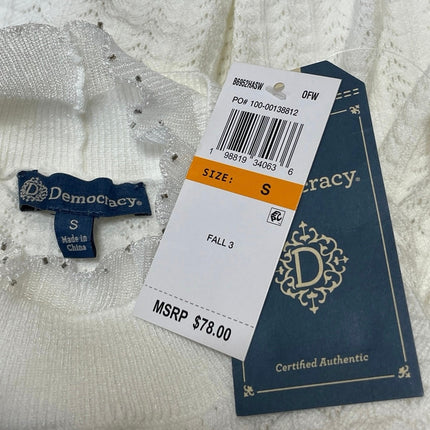 NEW Democracy White Pointelle Knit Long Sleeve Ruffle Mock Sweater Top Size S