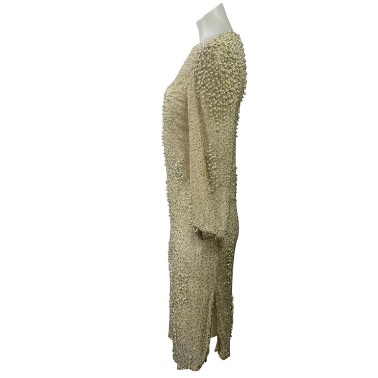 Vintage Judith Ann Creations Cream Silk Beaded Long Sleeve Mini Sheath Dress XS