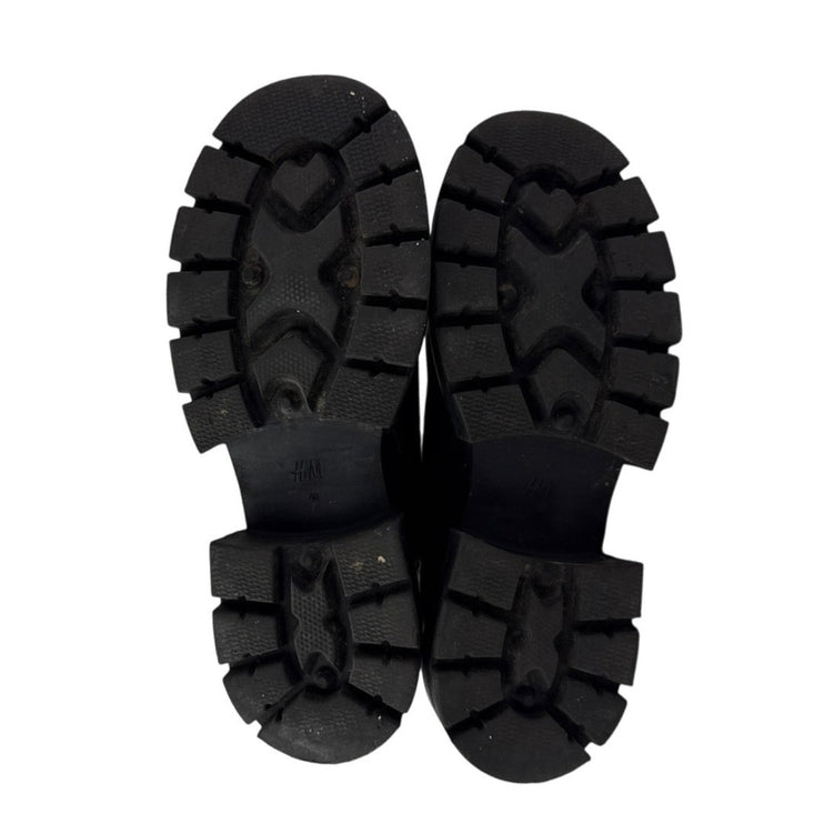 H&M Women's Black Leather Round Toe Lug Sole Slip On Platform Ankle Boots 9-9.5