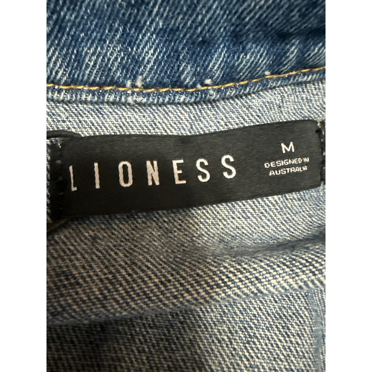NEW Lioness Women Blue Short Sleeve Button Up Utility Denim Jean Romper Shorts M