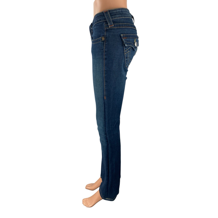 True Religion Women's Blue Low Rise Dark Wash Flared Bootcut Denim Jeans Sz 26
