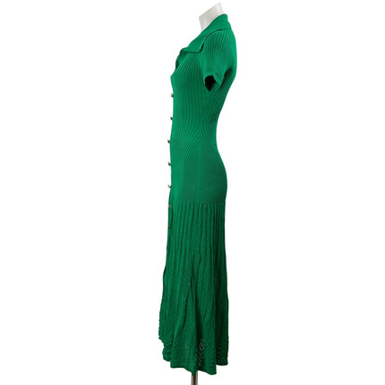 Sandro Lorel Green Ribbed Knit Short Sleeve Button Down A Line Midi Dress Size 8