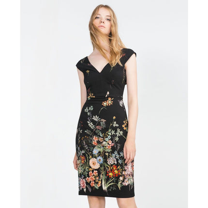 Zara Woman Black V Neck Cap Sleeve Floral Knee Length Sheath Dress Size XS
