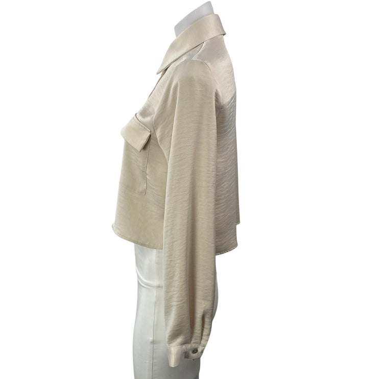 Zara Women's Beige Pocket Long Sleeve Button Down Cropped Shirt Top Size XS