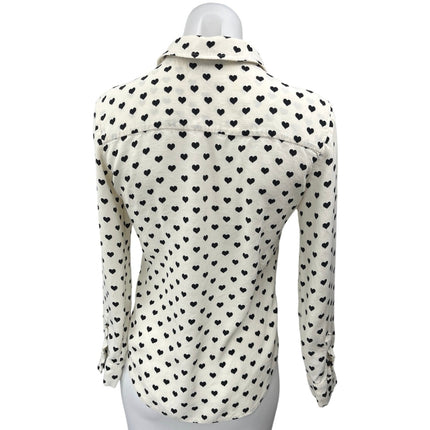 Topshop Black White Hearts Print Long Sleeve Button Down Shirt Blouse Top Size 2
