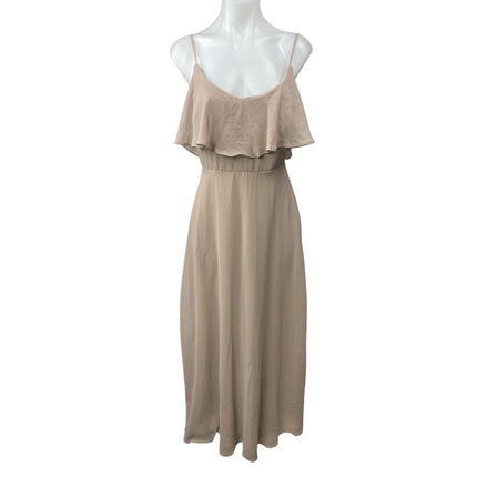 Birdy Grey Beige Nude Sleeveless Ruffle Scoop Neck Bridesmaid Maxi Dress Size XS