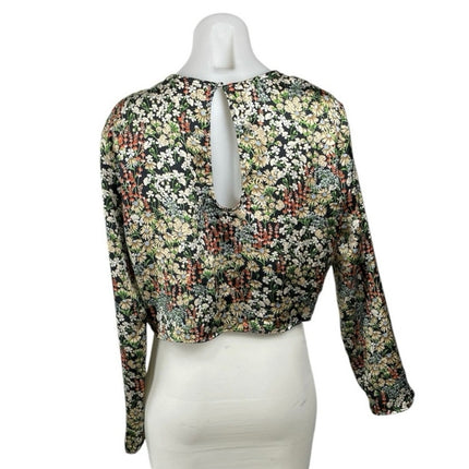 H&M Women's Satin Floral Crew Neck Keyhole Back Long Sleeve Crop Blouse Top Sz S