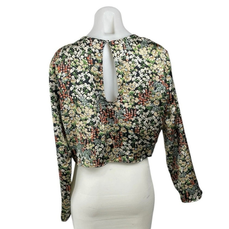 H&M Women's Satin Floral Crew Neck Keyhole Back Long Sleeve Crop Blouse Top Sz S