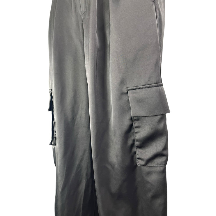 Tulléa Black Satin High Rise Baggy Wide Leg Utility Cargo Trouser Pants Size S