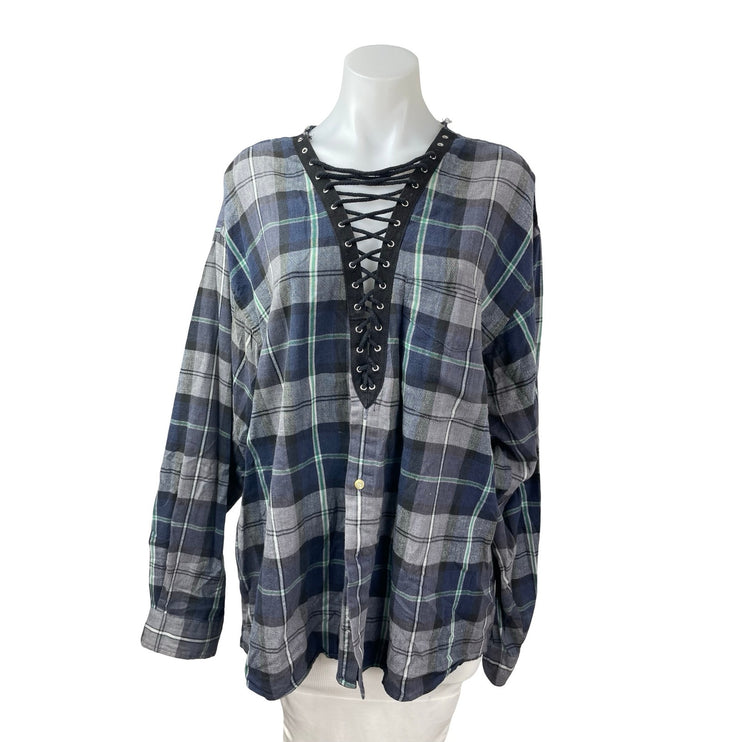 Furst of a Kind Plaid Check Flannel Long Sleeve V Neck Lace Up Shirt Top Sz L/XL