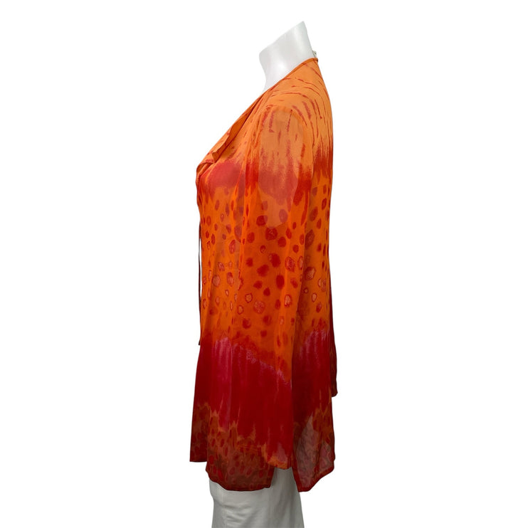 Rhapsodie De Weinberg Orange Leopard Animal Print Tie Front Sheer Blouse Top 40