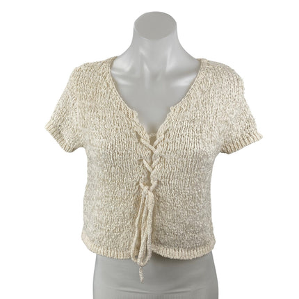 MNG Mango Bow Closure Cream Open Knit Crochet Cap Sleeve Cardigan Blouse Top M