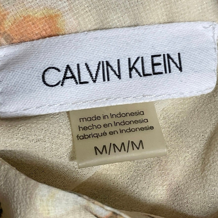 Calvin Klein Womens Yellow Green Floral Sleeveless Halter Tie Neck Blouse Top M