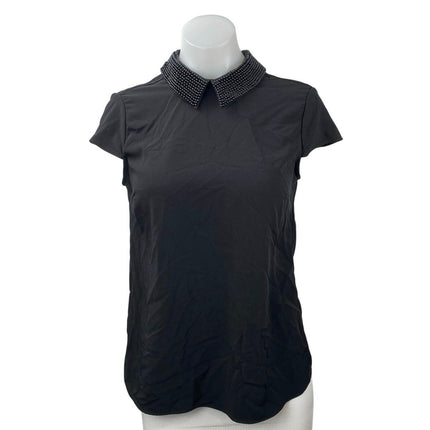 Catherine Malandrino Women's Black Beaded Collar Short Cap Sleeve Blosue Top XS