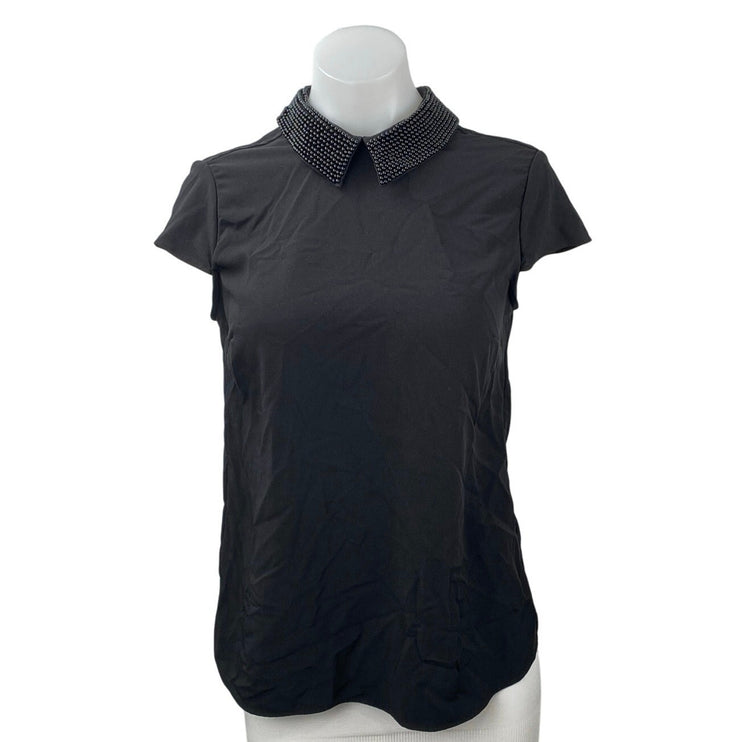 Catherine Malandrino Women's Black Beaded Collar Short Cap Sleeve Blosue Top XS