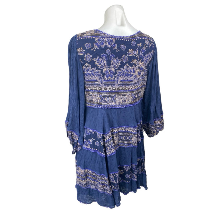 Free People My Love Blue Floral Boho Long Balloon Sleeve A Line Mini Dress Sz L