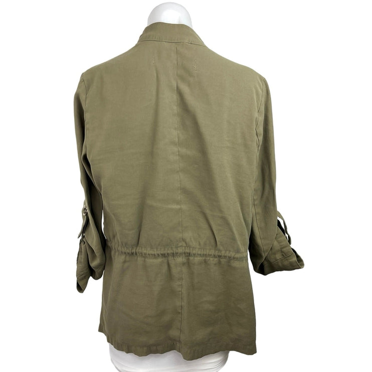 Zara Olive Green Open Front Drape Utility Drawstring Waist Cardigan Jacket Sz M