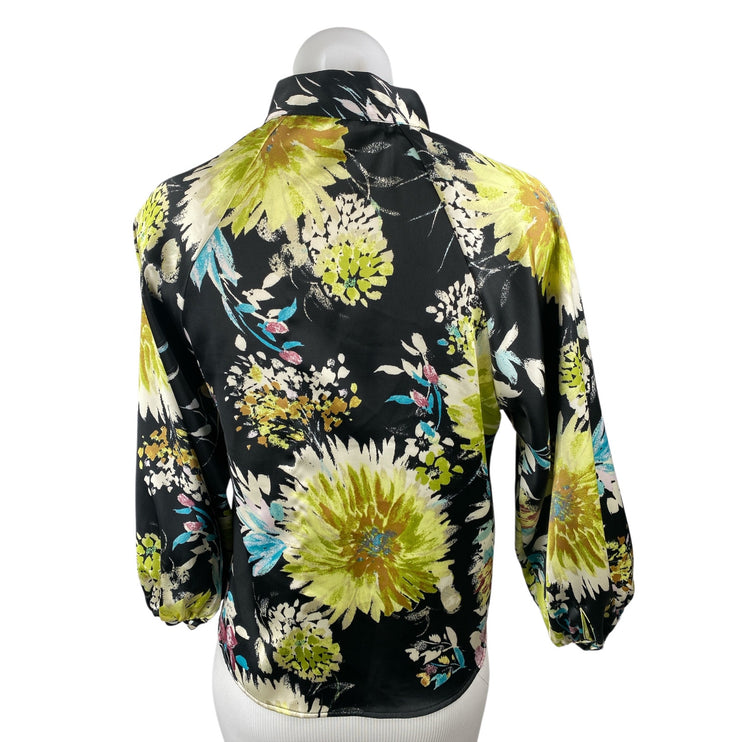Zara Multicolor Floral Silk Mandarin Collar Tie Shoulder 3/4 Sleeve Blouse Top S