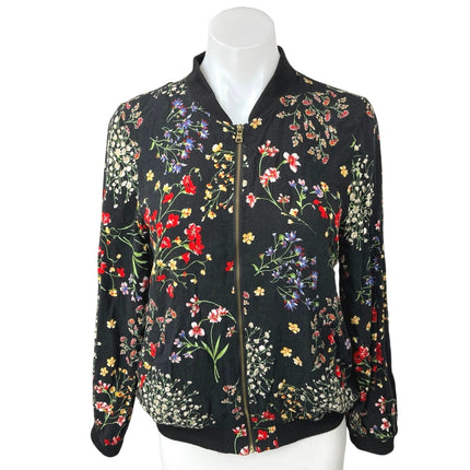 Cynthia Rowley Black Multicolor Floral Print Zip Up Bomber Coat Jacket Size S