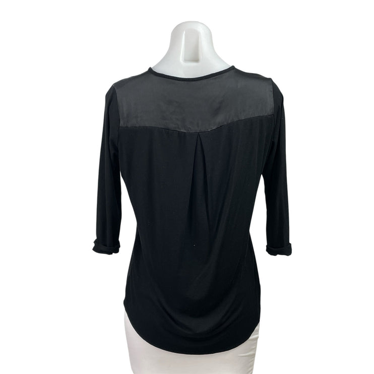 Vince Camuto Women's Black Silk Satin 3/4 Sleeve Gold Zip Blouse Top Size PS
